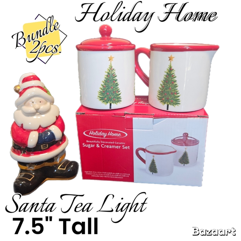 Holiday Home Sugar And Creamer Set / Ceramic Santa Tea Light / Chrismas Decor